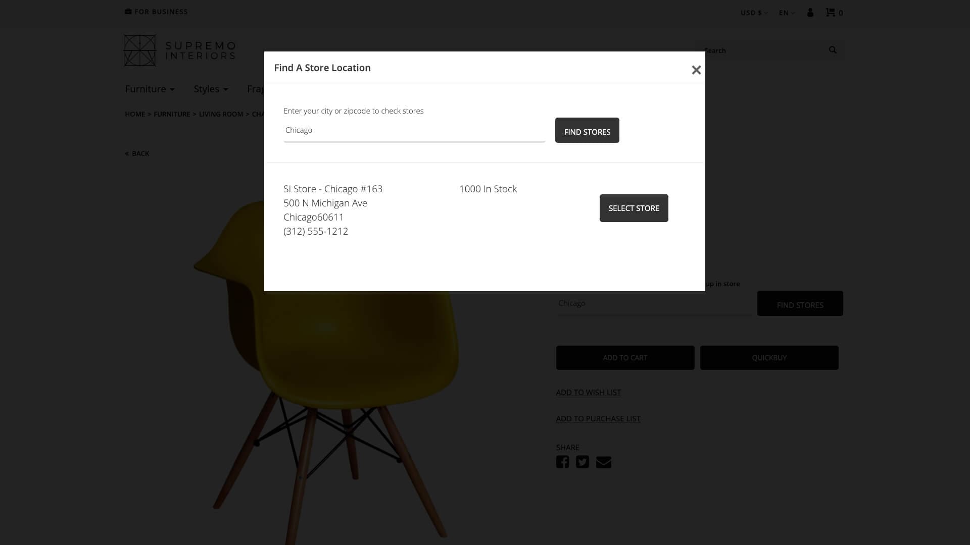 Store locator pop up website screen